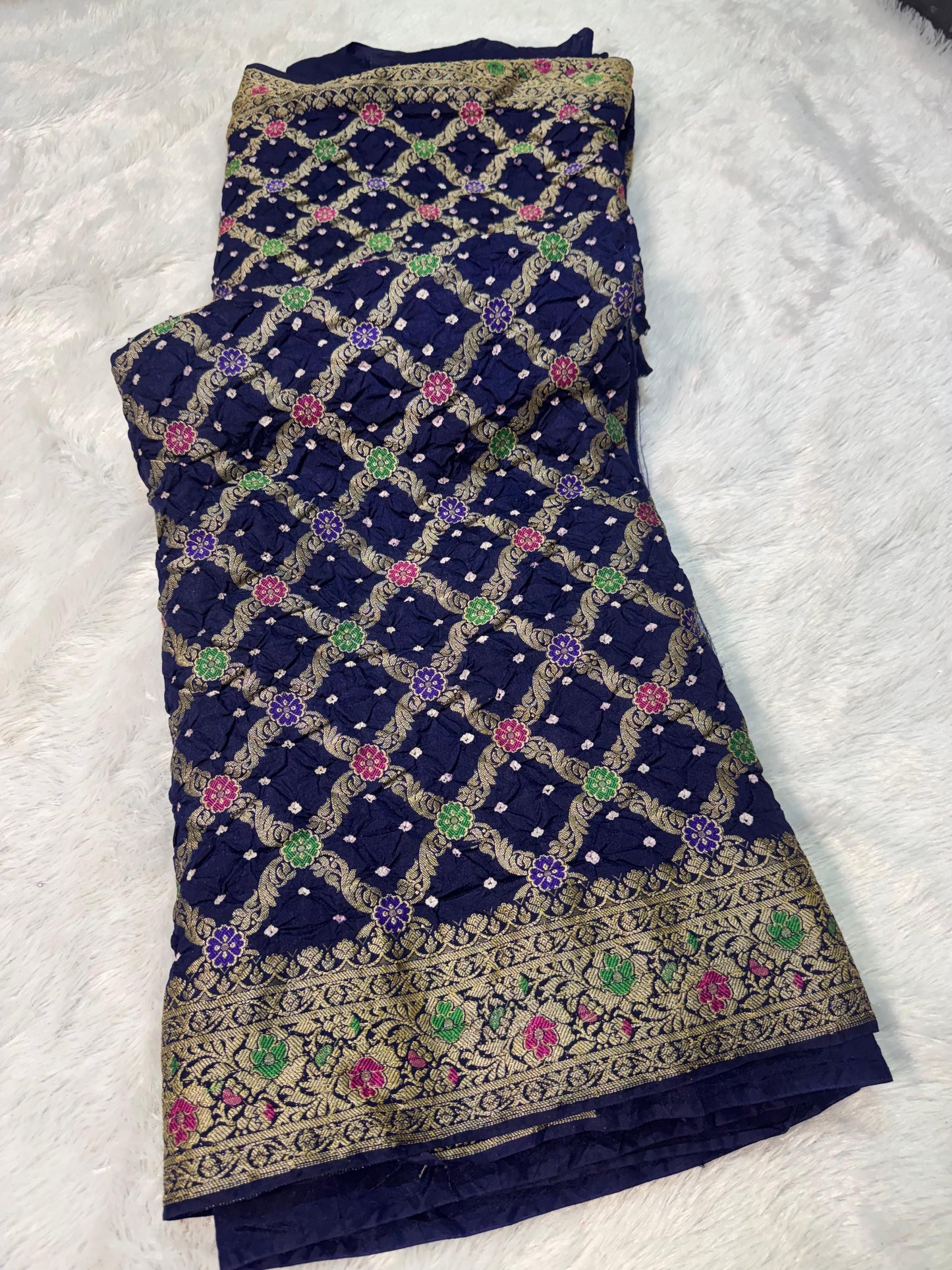 Bandita Navy Blue Banarasi Soft Bandhej Warm Silk Saree