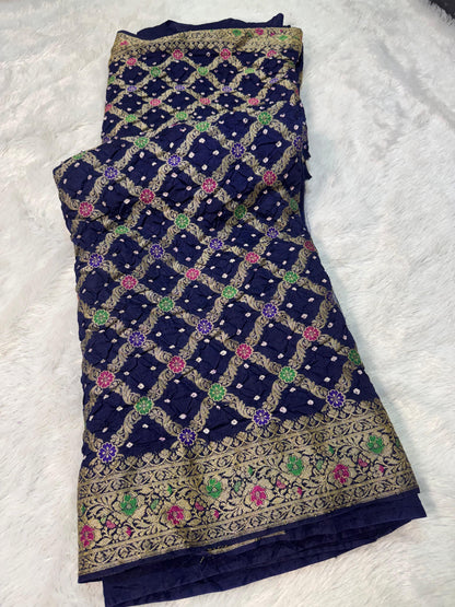 Bandita Navy Blue Banarasi Soft Bandhej Warm Silk Saree