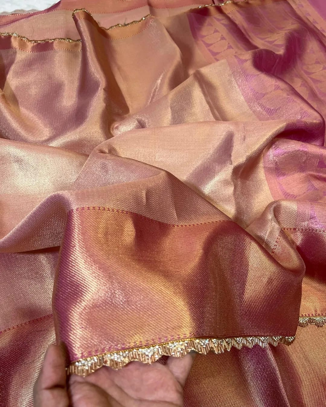 Zaria Rose Gold Banarasi Soft Kanchi Tissue Silk Saree
