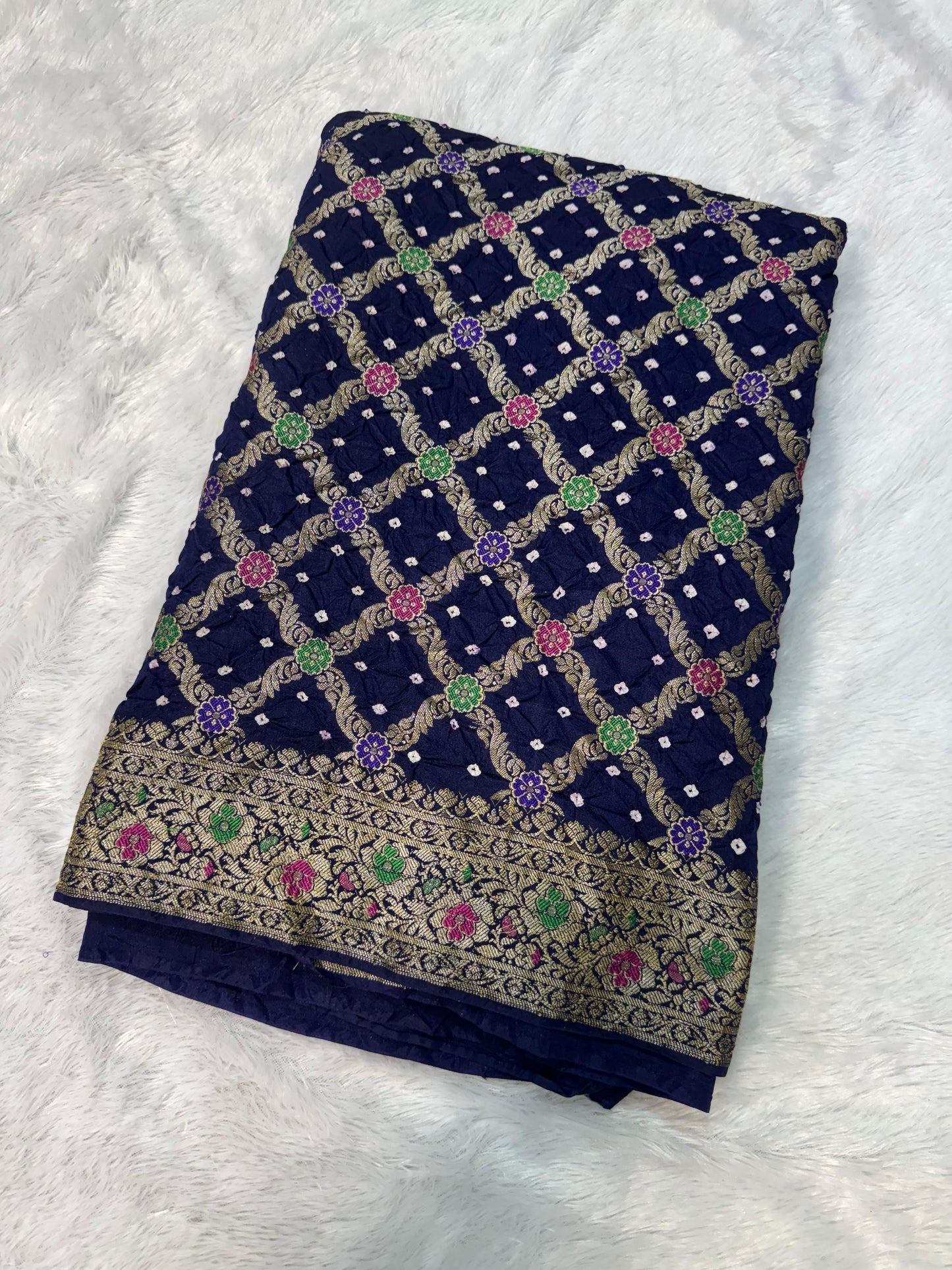 Bandita Navy Blue Banarasi Soft Bandhej Warm Silk Saree