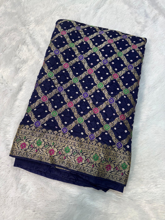 Bandita Navy Blue Banarasi Soft Bandhej Warm Silk Saree