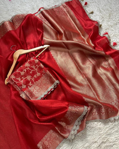 Tejore Red Tissue Silk Saree