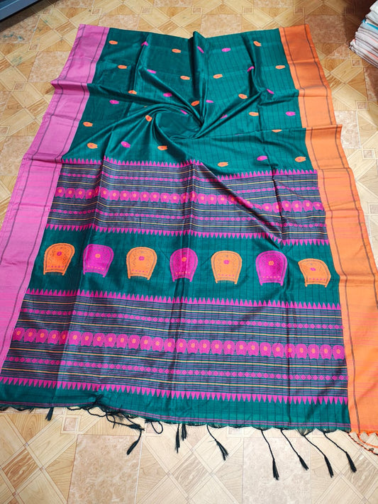 Anaya Green & Pink Pure Mercerized Cotton Handloom Saree