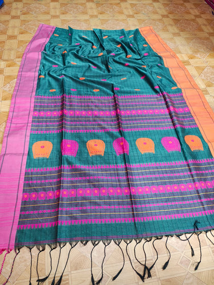 Anaya Green & Pink Pure Mercerized Cotton Handloom Saree
