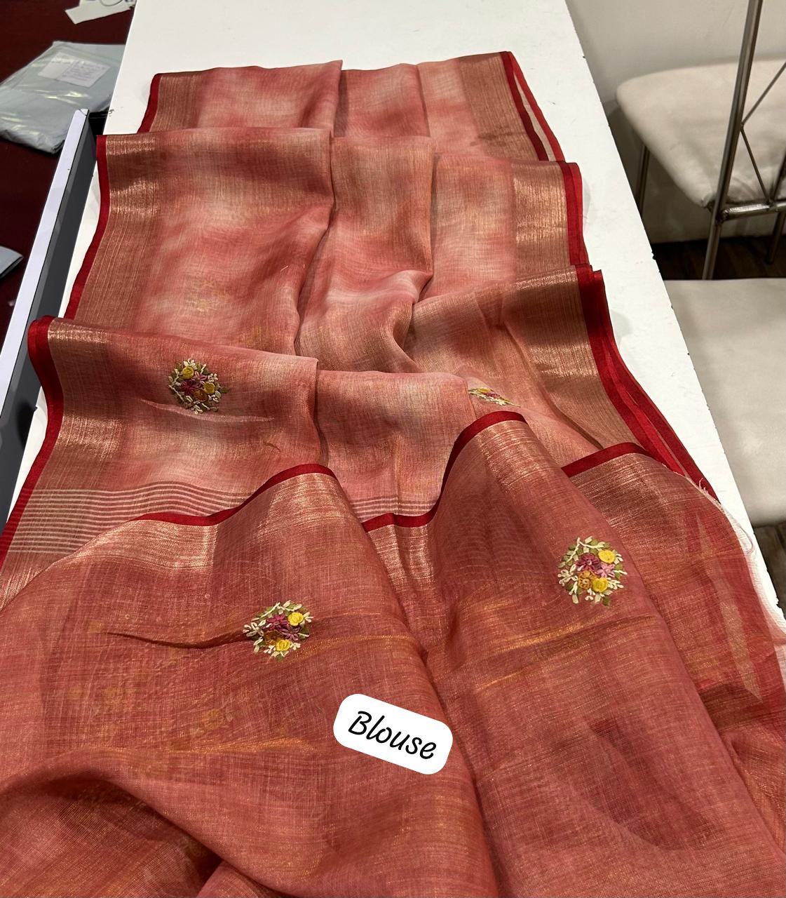 Iraah Peach Linen Tissue Saree