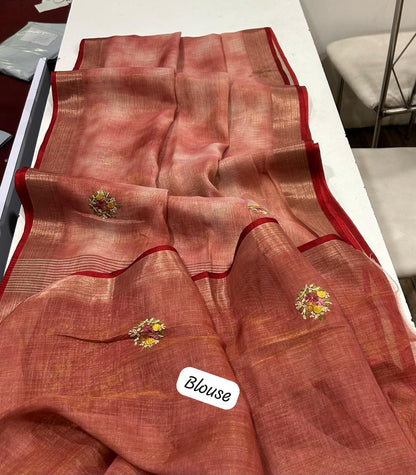 Iraah Peach Linen Tissue Saree