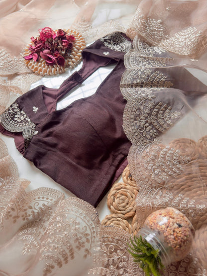 Jariq Beige Organza Tissue Saree