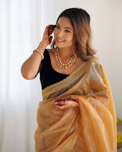 Kanchh Yellow Twill Net Saree