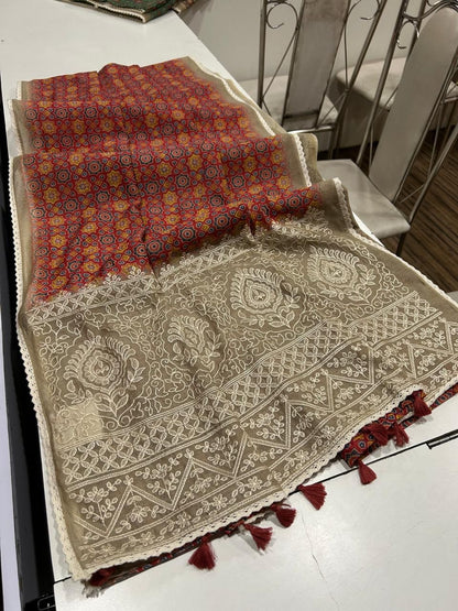 Noorvi Red Chanderi Cotton Saree with Ajrakh Print