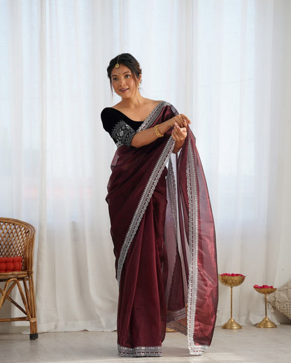 Kanchh Maroon Twill Net Saree