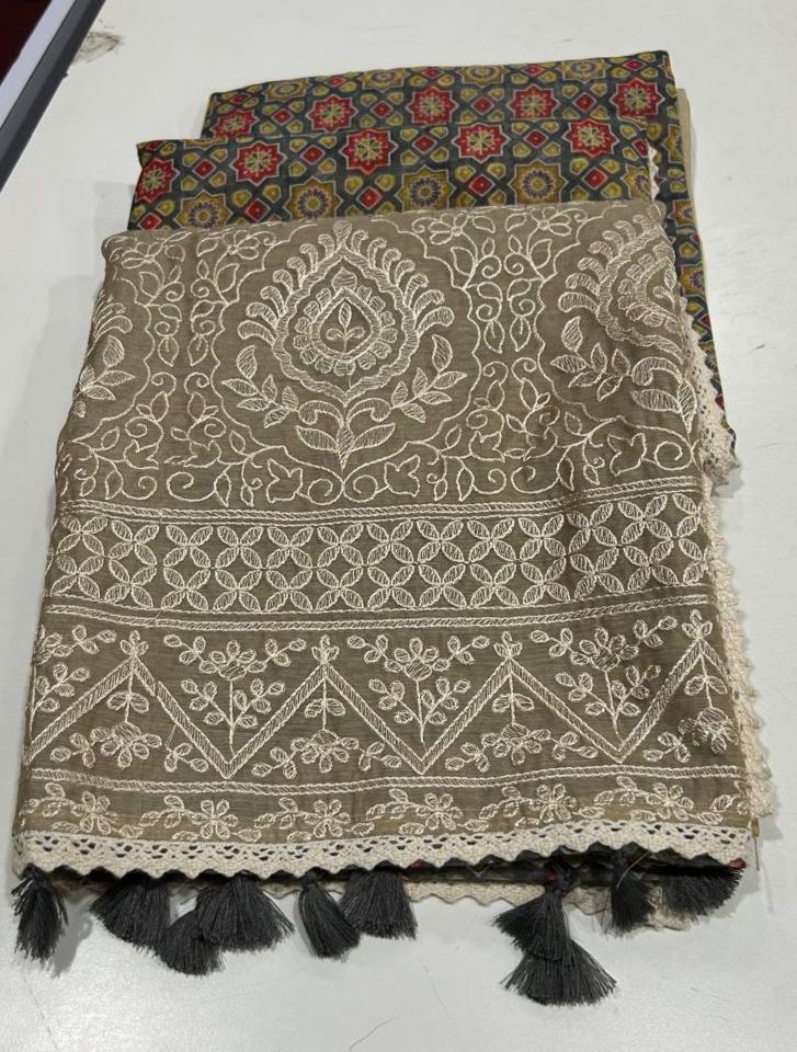Noorvi Beige Chanderi Cotton Saree with Ajrakh Print