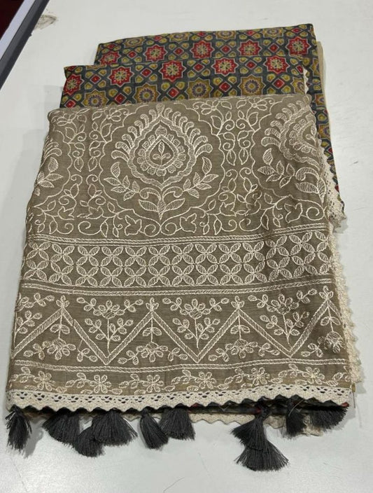 Noorvi Beige Chanderi Cotton Saree with Ajrakh Print
