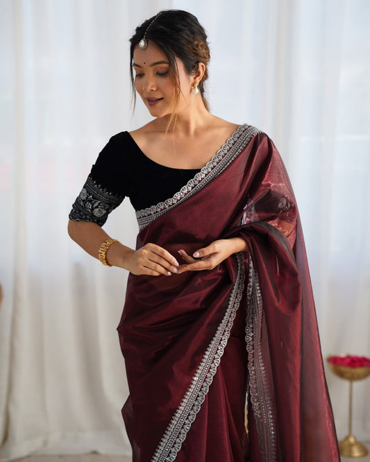 Kanchh Maroon Twill Net Saree