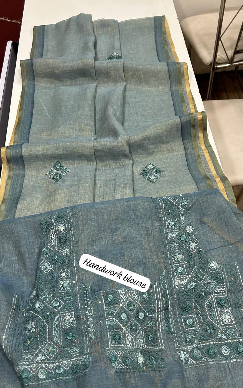 Kaavya Teal Linen Tissue Saree