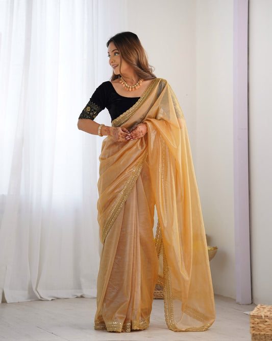 Kanchh Yellow Twill Net Saree