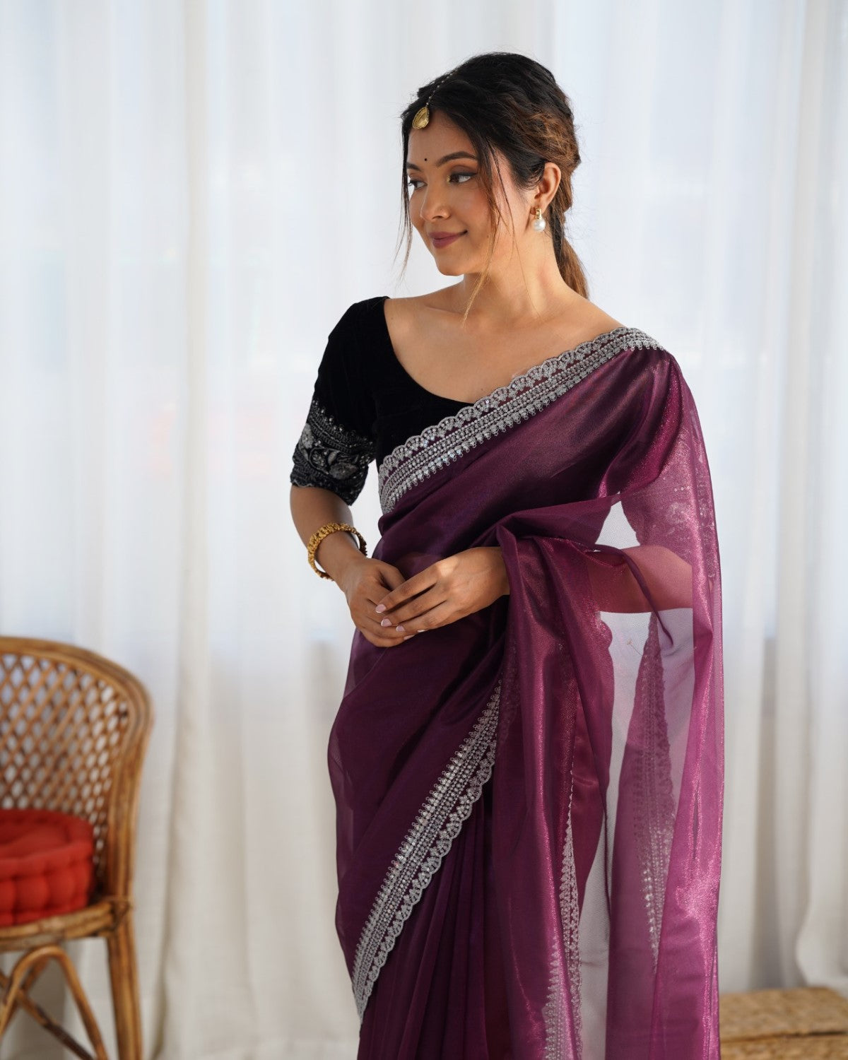 Kanchh Maroon Twill Net Saree