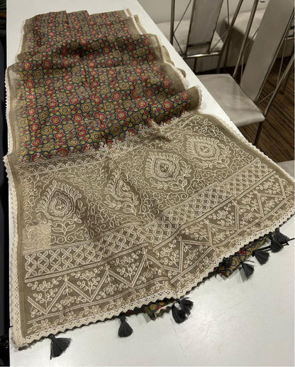 Noorvi Beige Chanderi Cotton Saree with Ajrakh Print