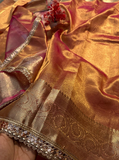 Kanvi Rose Gold Tissue Silk Saree