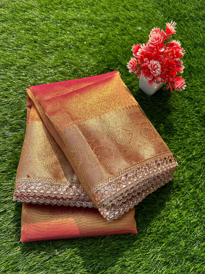 Kanvi Rose Gold Tissue Silk Saree